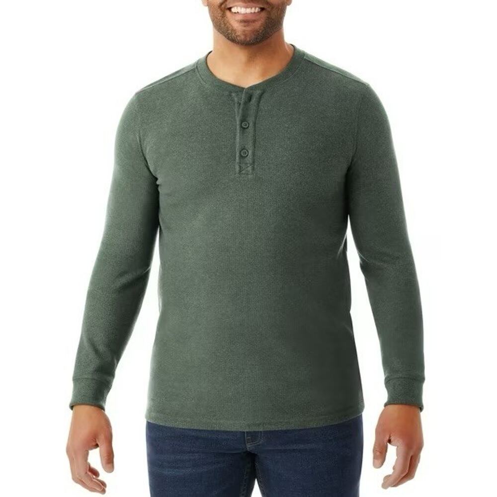 Member's Mark Men's Waffle Knit Soft Thermal Henley Classic Fit Green Medium
